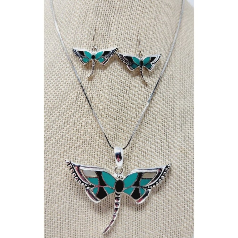 #9 Estate Silver tone Green enamel DRAGON FLY Choker Necklace earrings set
